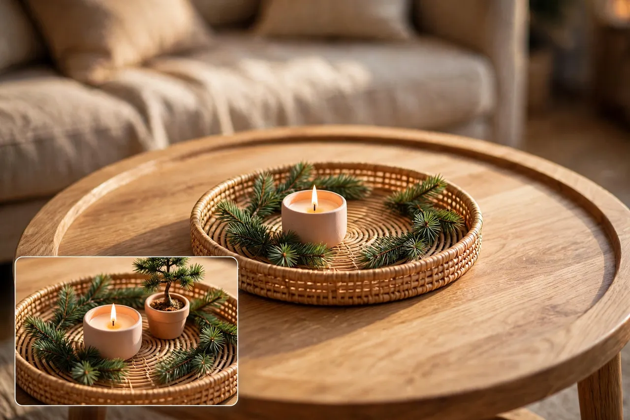 Round wooden coffee table with a round woven tray holding a candle and pine sprigs and clear space around the tray