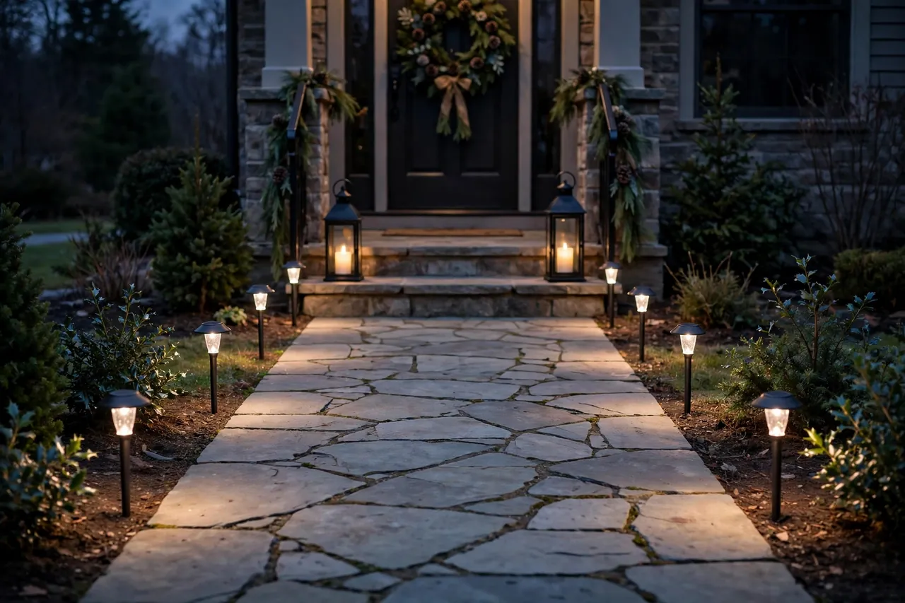 Stone front walk at dusk lined with warm path lights and flanked by glowing lanterns at the first step, with a clear walk to the door