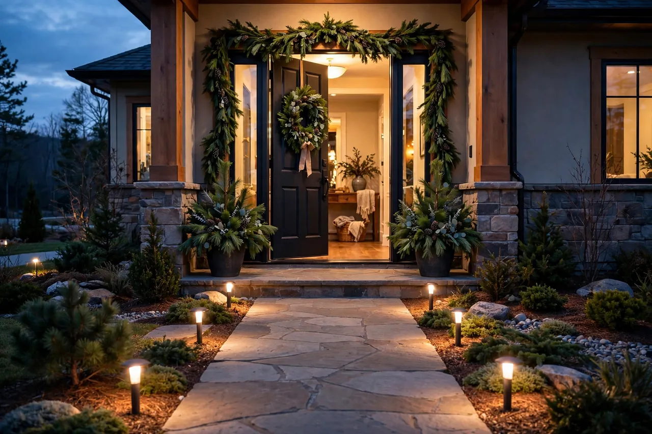 Warm welcoming Christmas entrance at dusk with glowing path lights leading to a wreath and garland door, matching planters, and golden light spilling from the foyer
