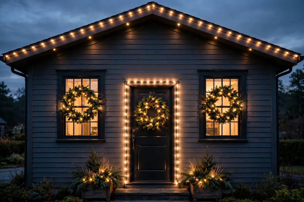 A house facade at dusk with warm-white roofline lights, a lit wreath on each front window, and the front door framed with lights and a wreath