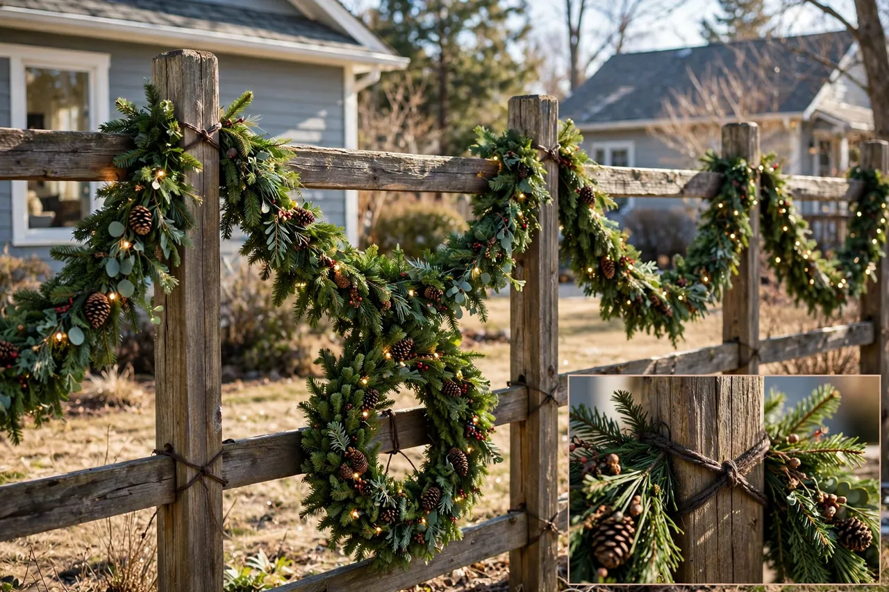 Wooden post-and-rail fence with green garland swags tied firmly at every post and a lit evergreen wreath, with a close-up inset of garland tied to a post