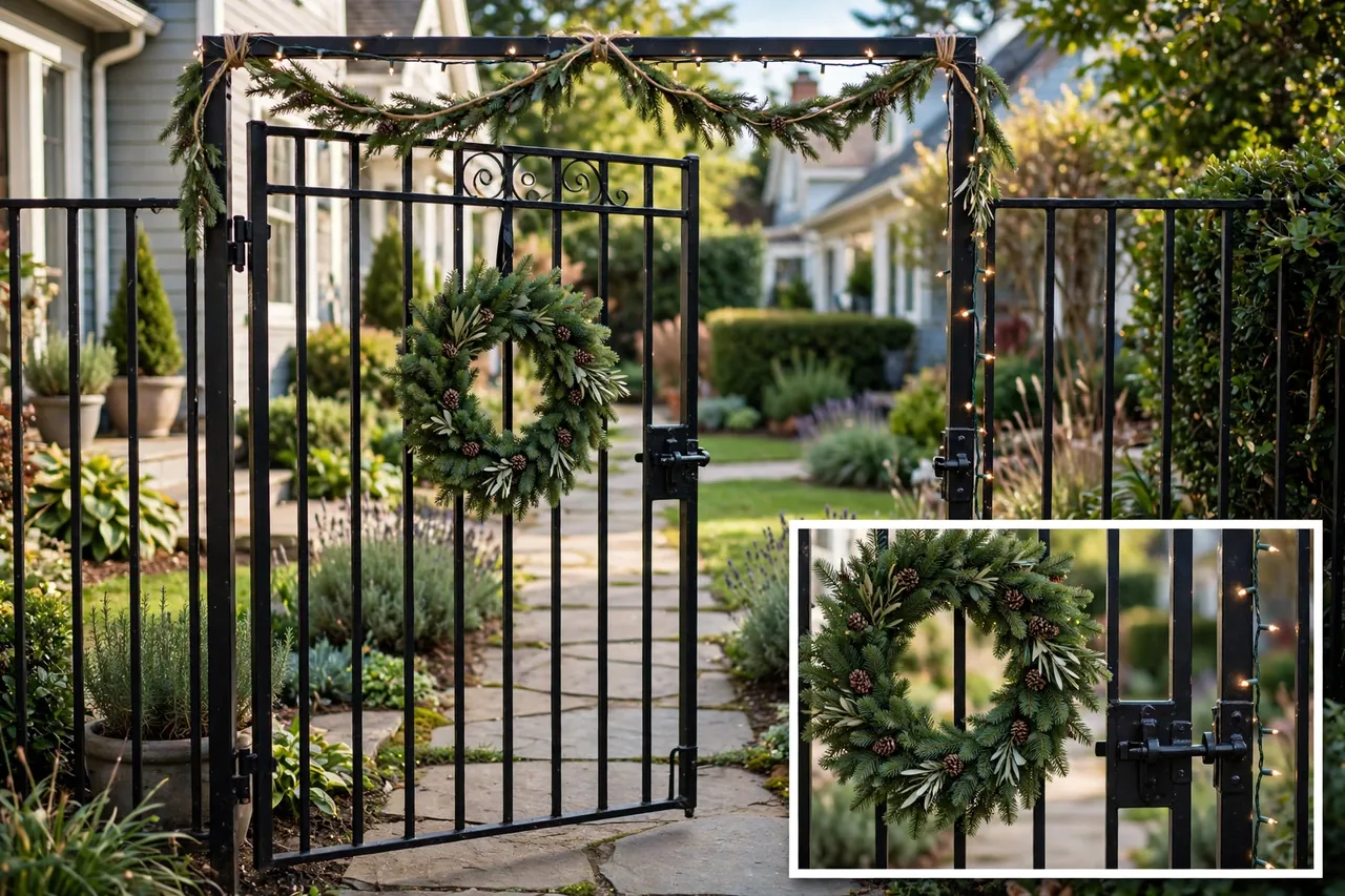 Black metal garden gate standing open with a single evergreen wreath centered clear of the latch and a slim garland swag above, with a close-up inset of the wreath beside the gate latch