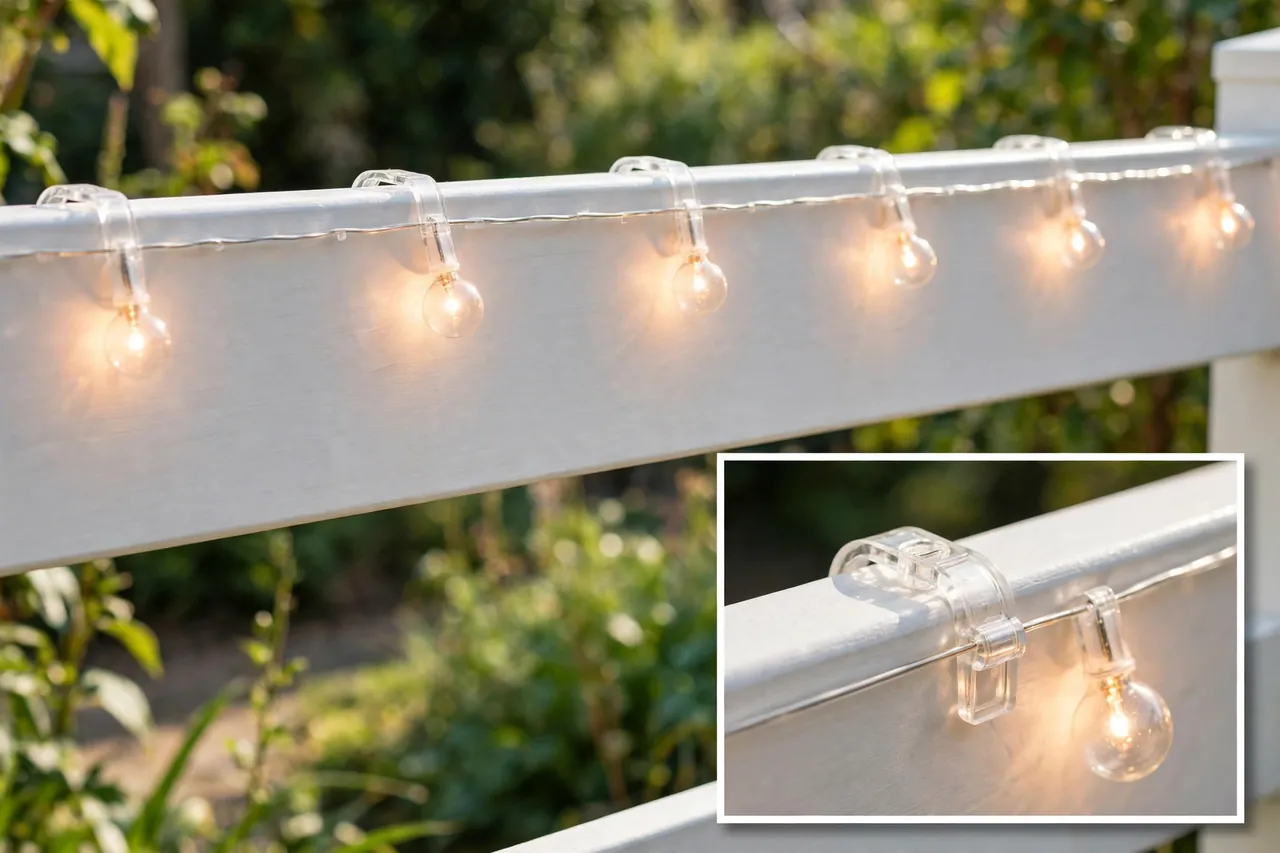 Warm white string lights held along a white fence rail by clear plastic clips, with a close-up inset of one clip gripping the rail