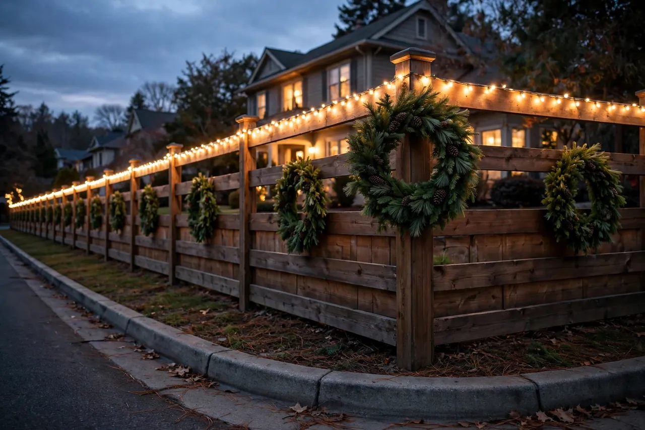 Long wooden fence seen from the street at dusk with one steady line of warm white lights along the top rail and identical evergreen wreaths at even intervals