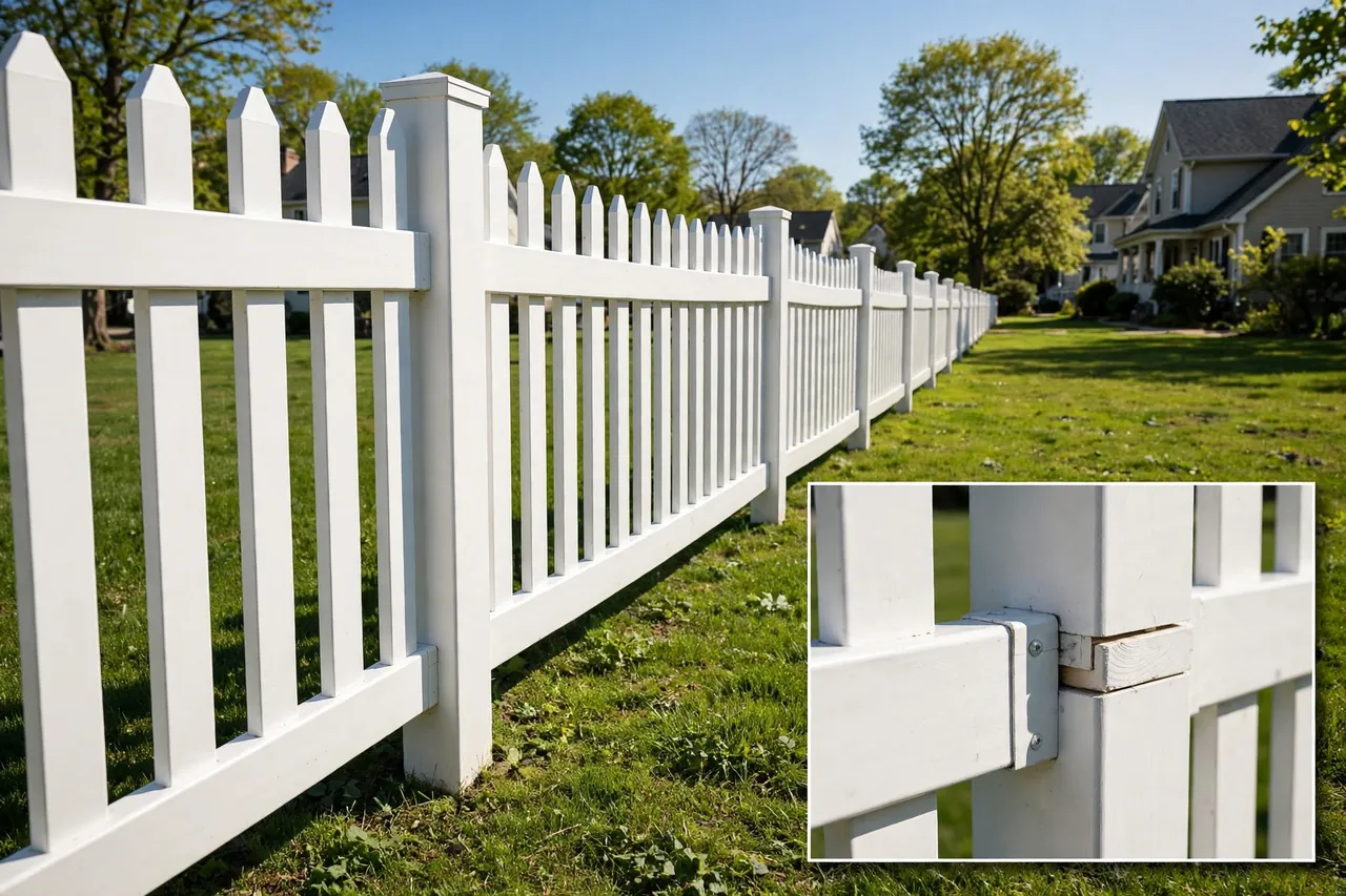Long white picket fence in bright daylight running along a front yard, with a close-up inset of a fence rail and post joint