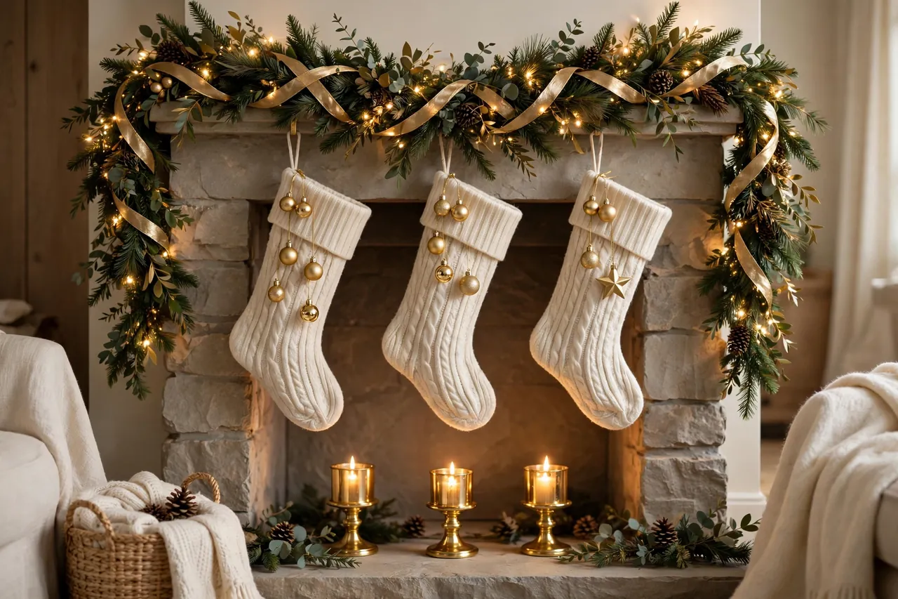 Christmas fireplace in a repeated gold palette: gold ribbon in the garland, gold candle holders on the hearth and gold ornaments on cream stockings