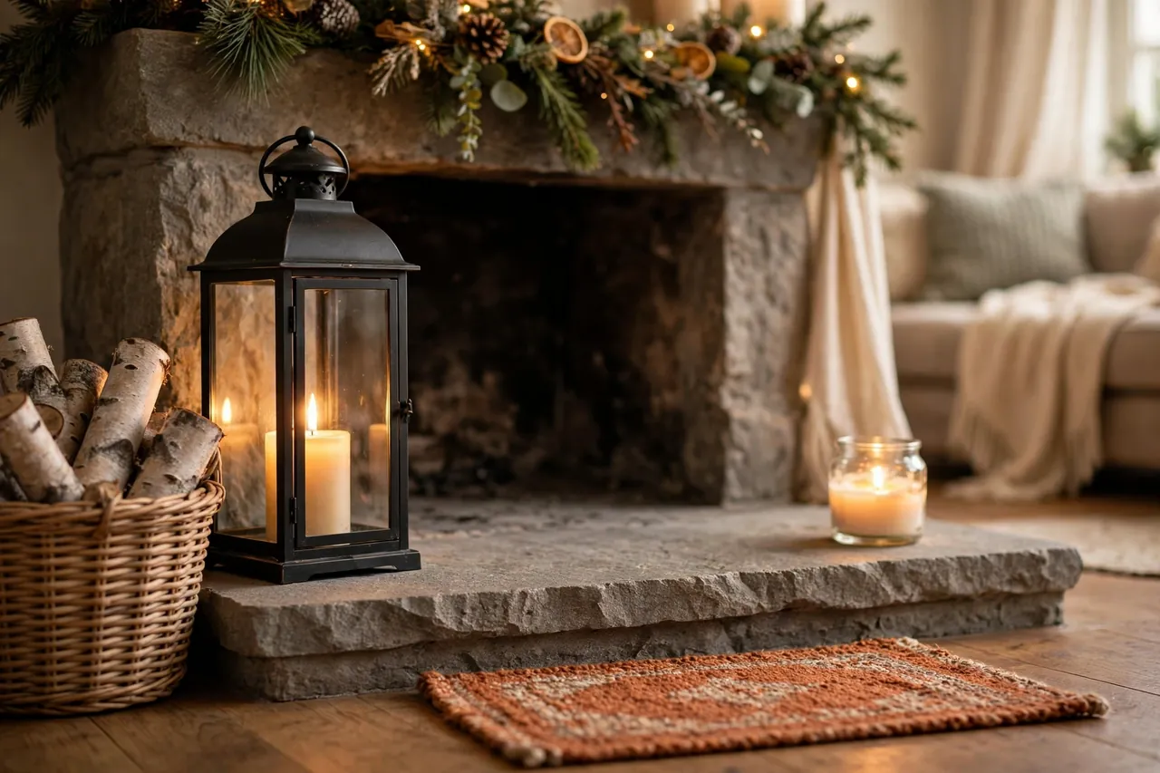 Christmas fireplace hearth styled with a tall black lantern, a basket of birch logs and a low glass-jar candle, middle left clear