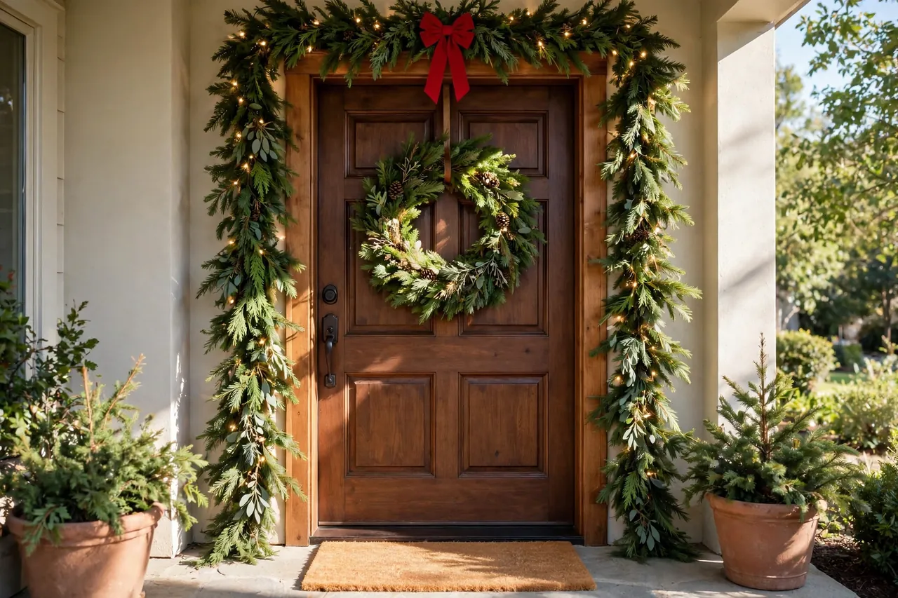 Front door dressed for Christmas with a large evergreen wreath, pre-lit garland framing the doorway, a single red bow at the top center, and a flat coir doormat