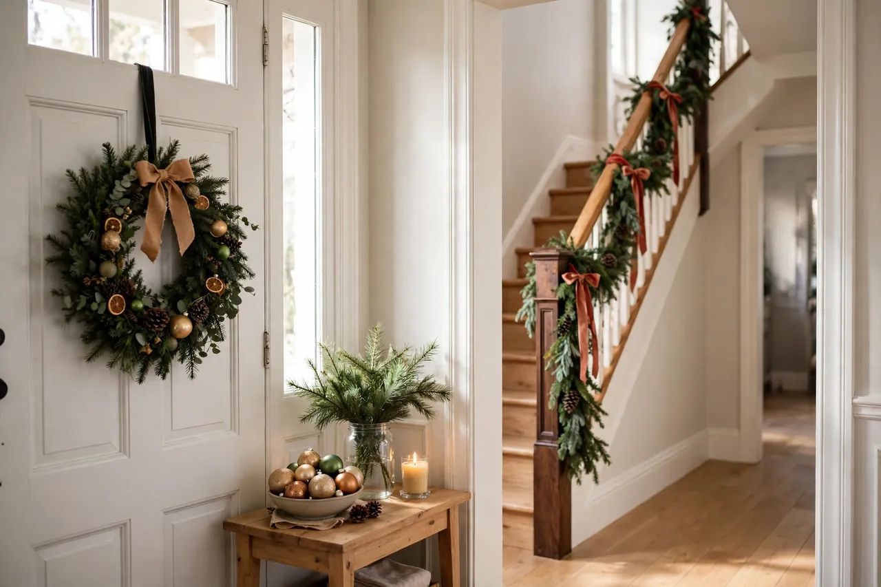 Entryway with a wreath on the front door, a console holding ornaments and a pine sprig in a jar, and garland tied with ribbon along the stair rail