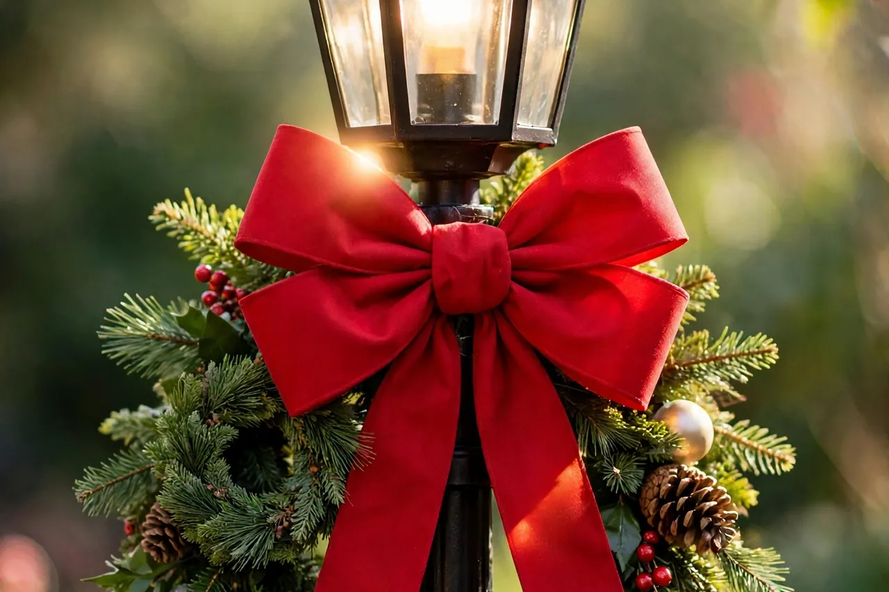 Close-up of a lamp post top with a large red bow below the glowing lantern, an evergreen wreath, pinecones, berries and shatterproof ornaments tucked into the garland