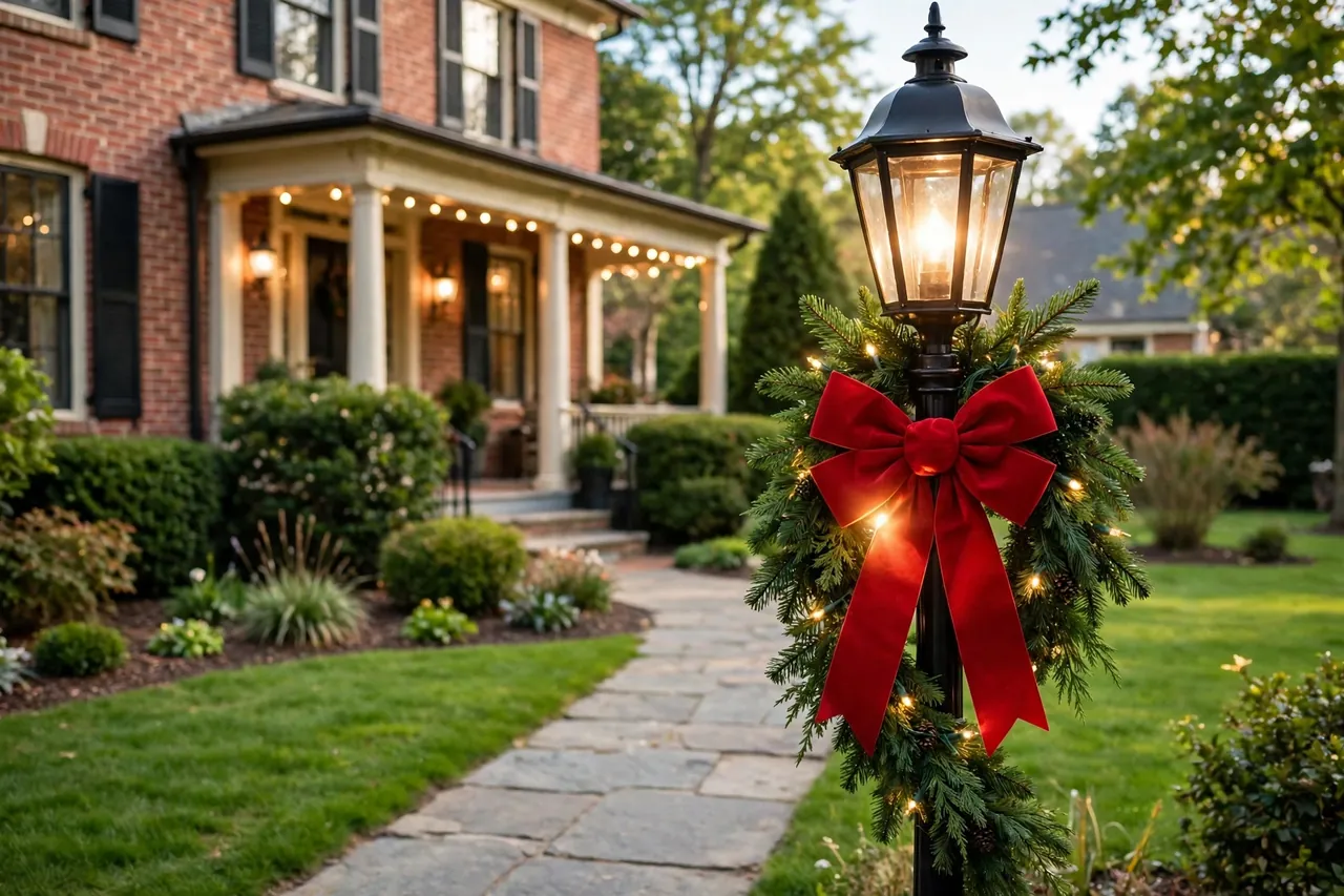 Lamp post by a front walk dressed in the classic look matching a brick house, with deep green garland, warm white lights and a large red bow below the lantern