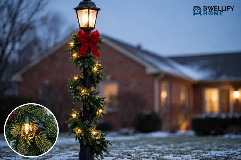Christmas lamp post wrapped in evergreen garland and warm white lights with a large red bow below the glowing lantern, with a close-up inset of the garland and light clip in the bottom-left corner