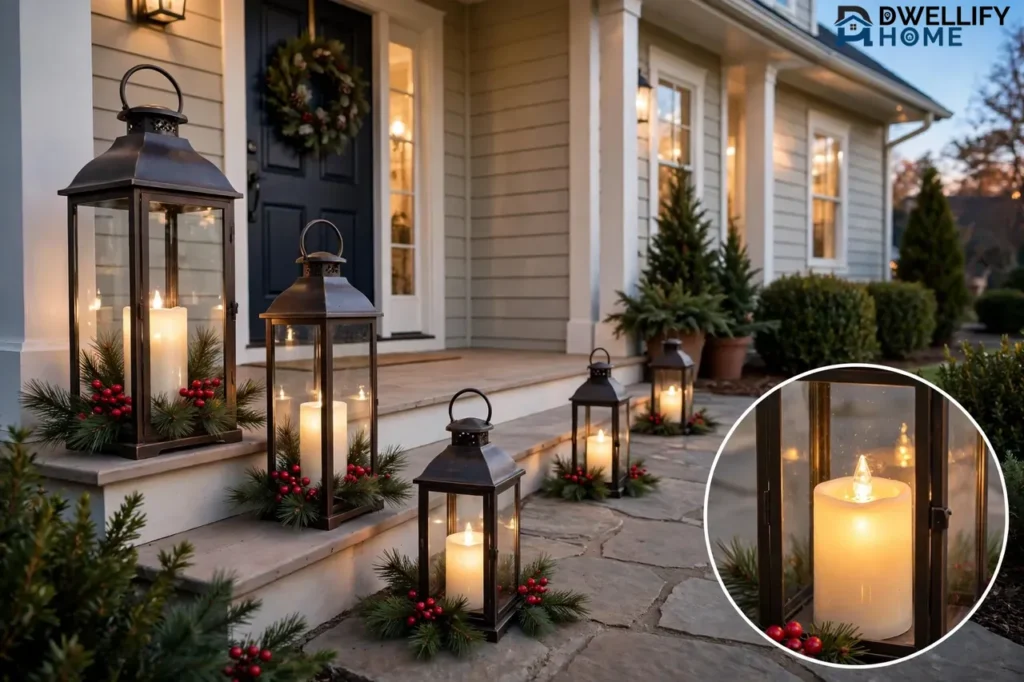 Glowing Christmas lanterns of different heights on a porch and stone pathway at dusk, with warm candles inside, pine sprigs and red berries at their bases, and a magnified inset of a lit candle inside a lantern