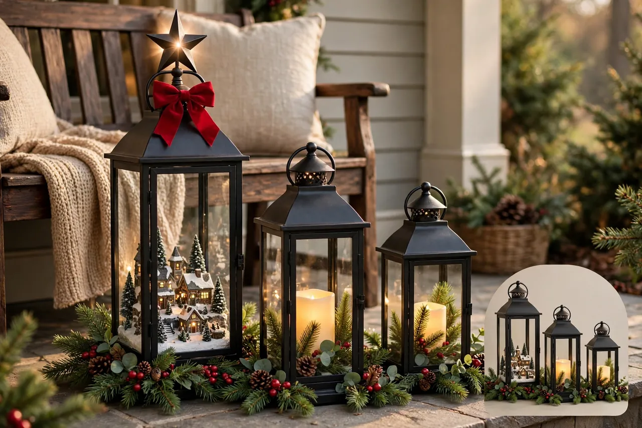 Three black metal lanterns in stepped heights beside a porch bench, the tallest holding a tiny lit village scene with a red bow, the others holding glowing candles with greenery, with a magnified inset of the stepped trio