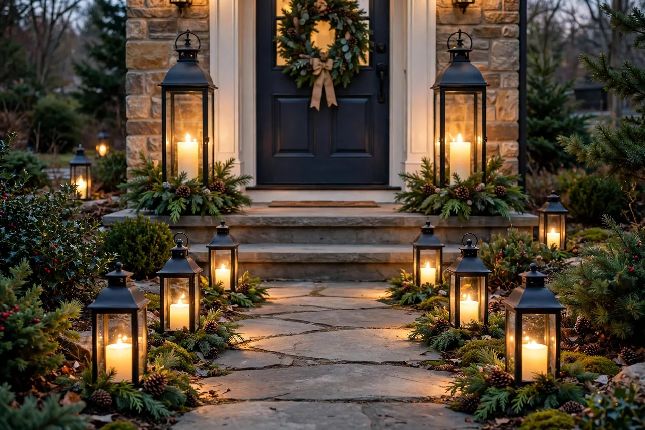 A front door flanked by two tall glowing lanterns with smaller lanterns spaced along both sides of a stone pathway, greenery and pinecones at their bases