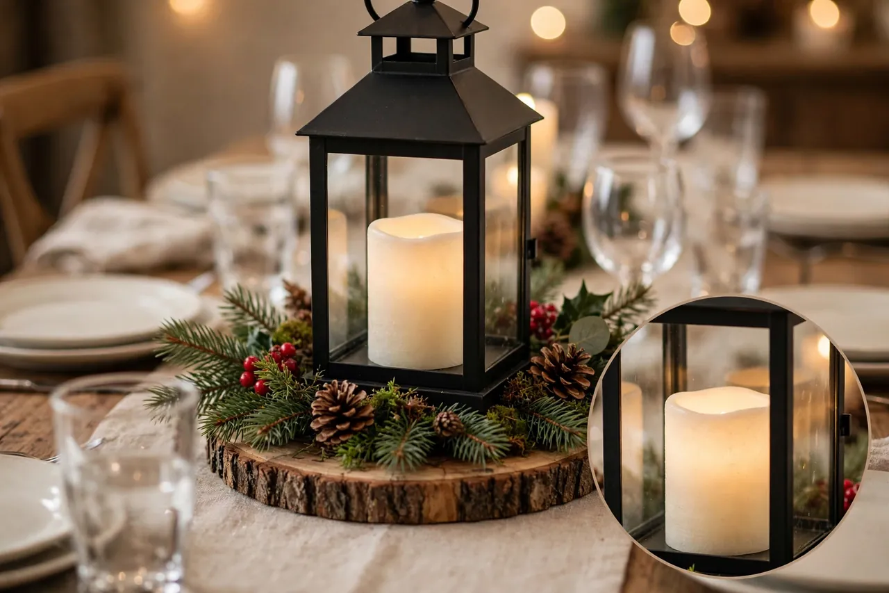 A black metal lantern with a glowing flameless candle as a Christmas dinner table centerpiece, set on a wood slice ringed with pine greenery, pinecones and red berries, with a magnified inset of the candle inside the lantern