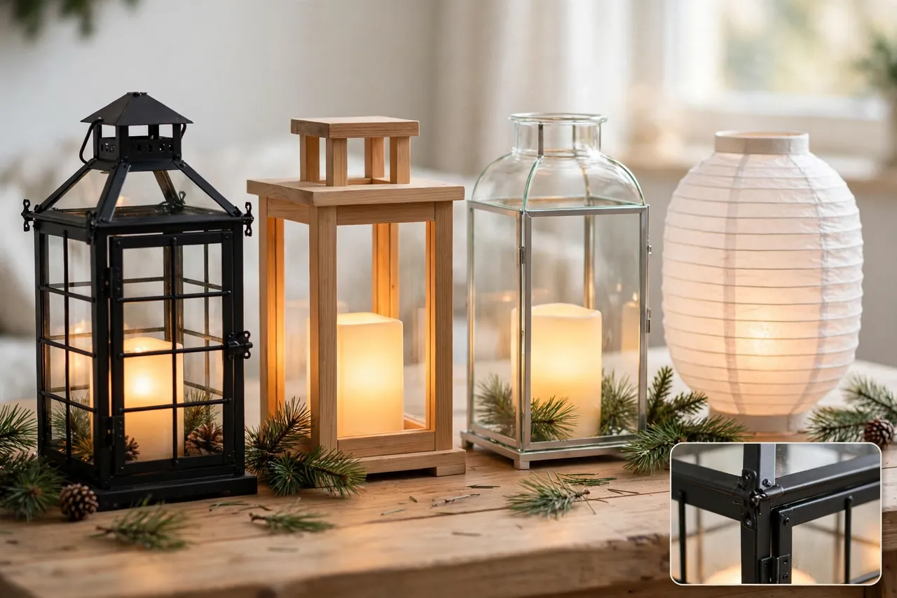 Four Christmas lanterns side by side on a wooden table — black metal, natural wood, clear glass and white paper — each glowing warmly with an enclosed candle, with a magnified inset of the black metal frame joint