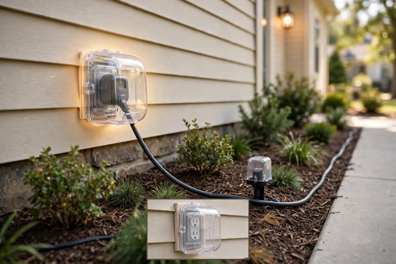 Outdoor outlet with a clear weatherproof cover and timer, with a neat cord running along the garden edge away from the walkway