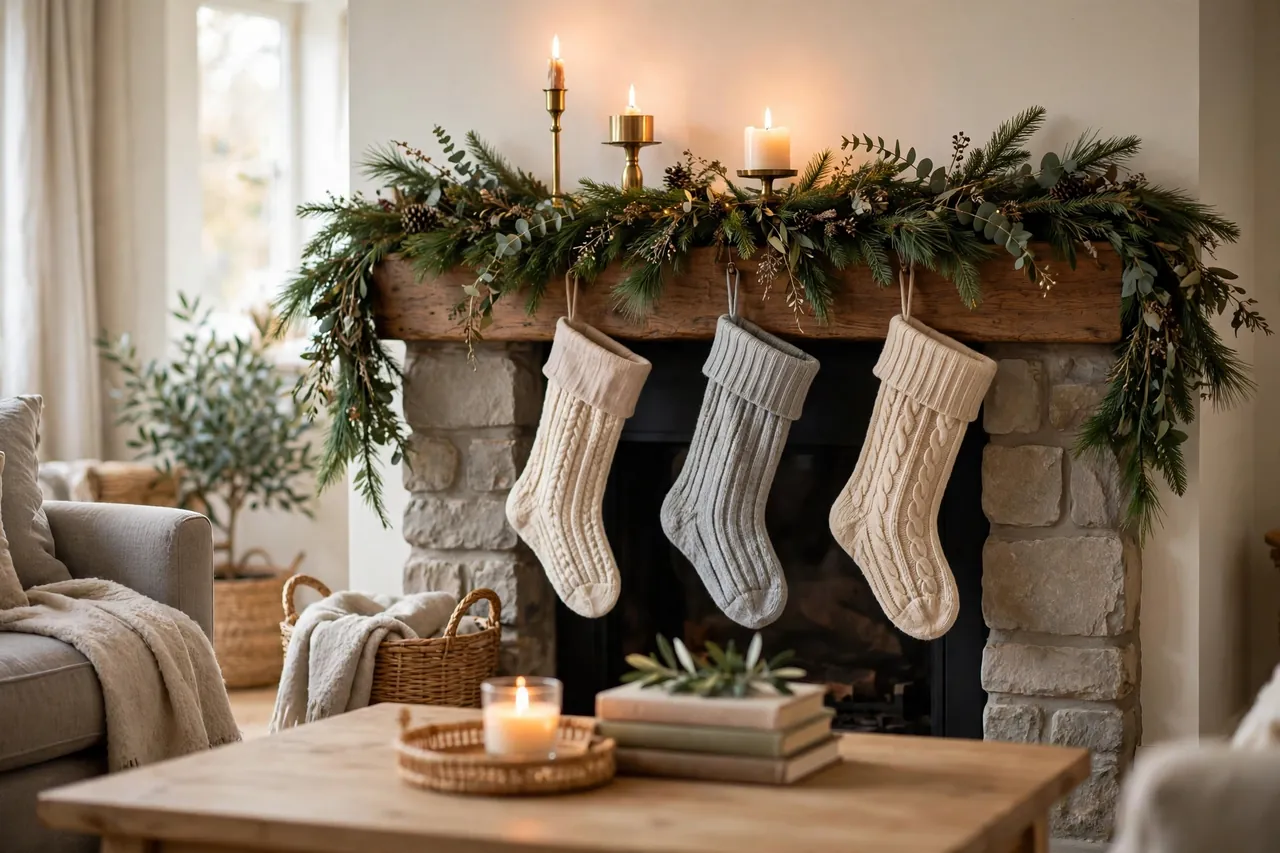 Fireplace mantel with draped evergreen garland, knit stockings and candles at different heights, coffee table tray vignette in front