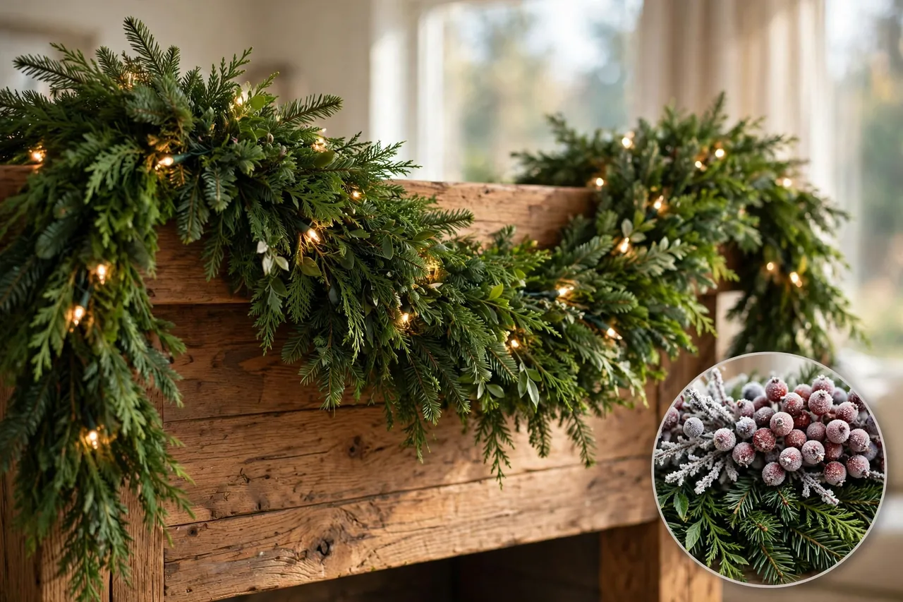 Lush evergreen garland with warm fairy lights draped in a soft swag over a rustic wooden mantel