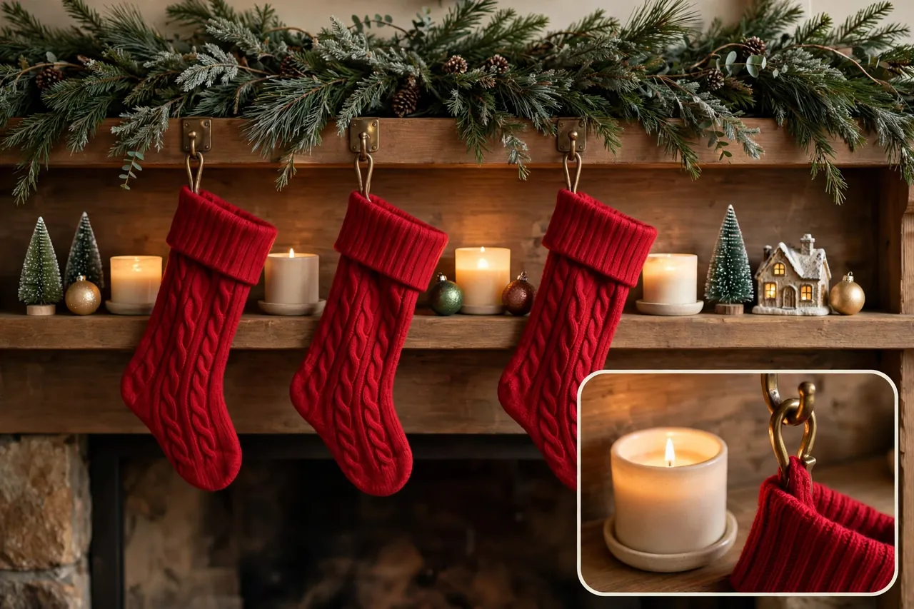 Red knit stockings on holders with glowing candles, bottle-brush trees and a tiny village house on a mantel