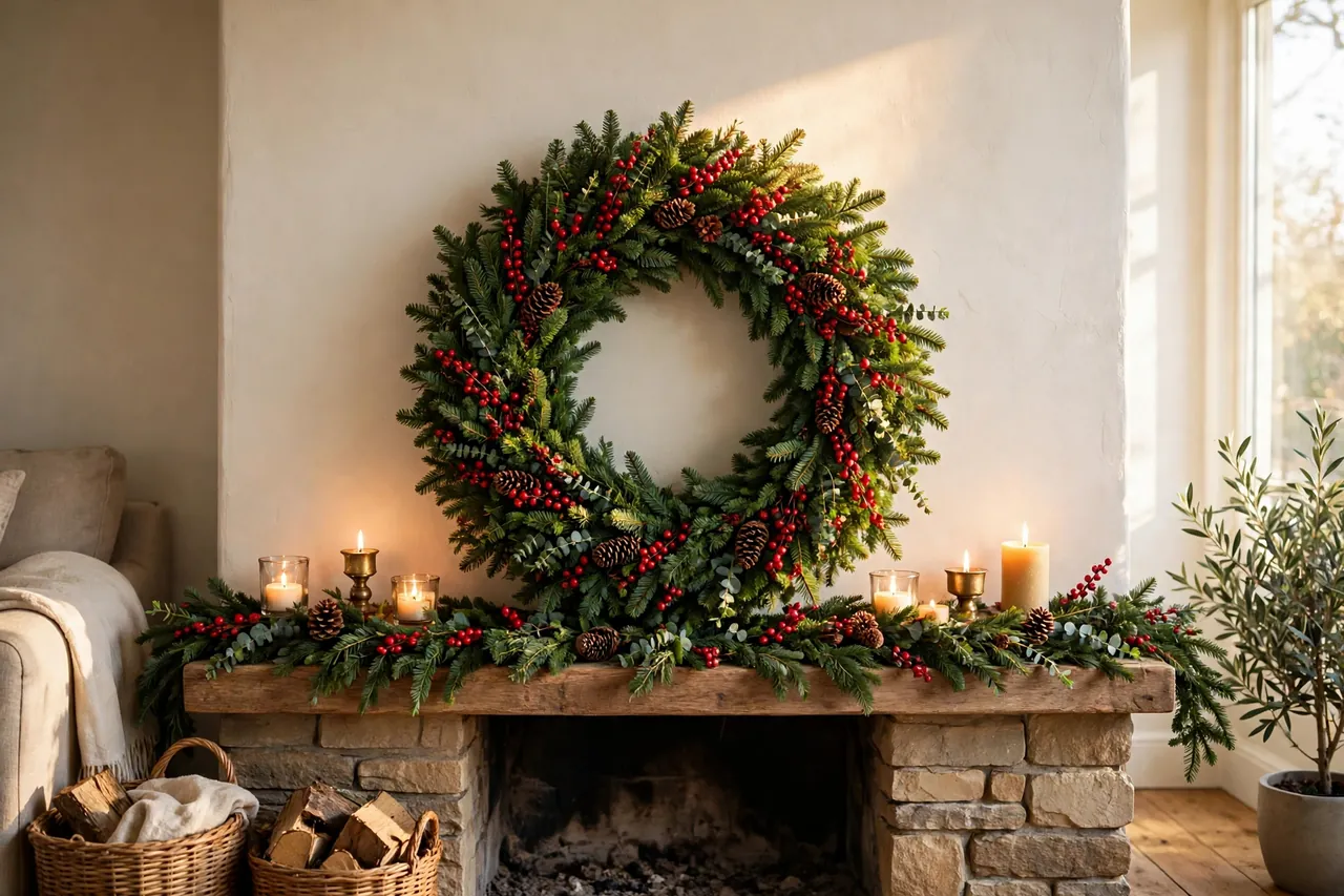 Large evergreen wreath with red berries and pinecones as the focal point above a garland-draped mantel