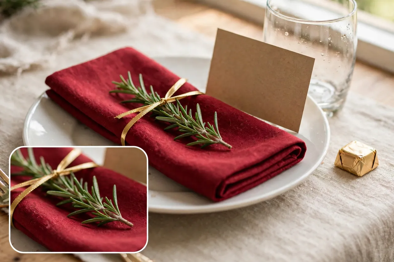 Red cloth napkin with a rosemary sprig and gold ribbon on a white plate beside a blank kraft name card and a small gold-wrapped chocolate