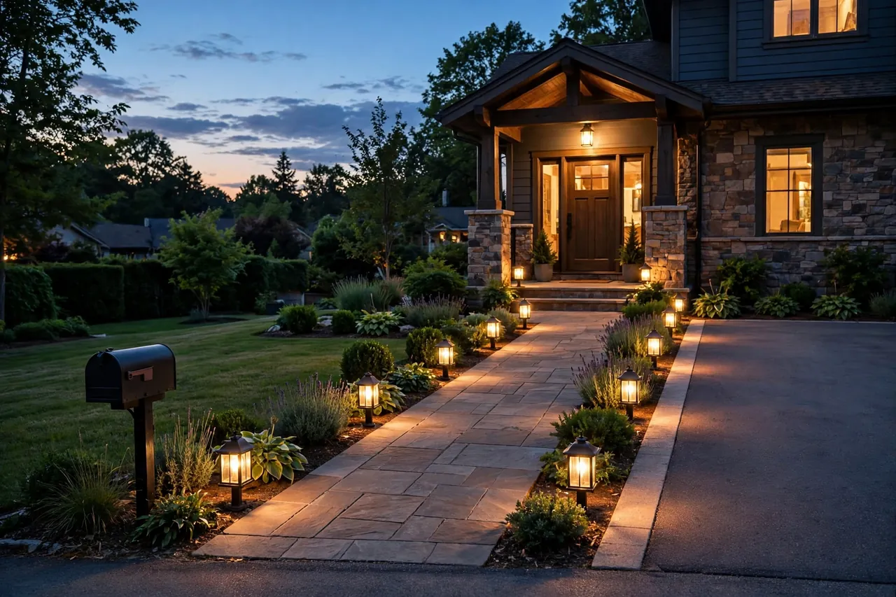 A front walkway lined with matching warm lantern-style pathway lights leading to a lit front door, with a dressed mailbox beside the path