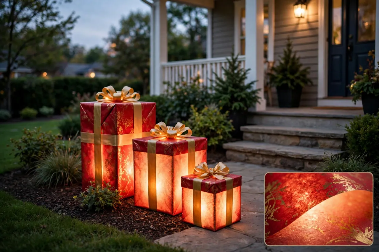 Three glowing red and gold gift boxes in tall, medium, and small sizes beside porch steps at dusk, with a close-up inset of light glowing through the wrapping