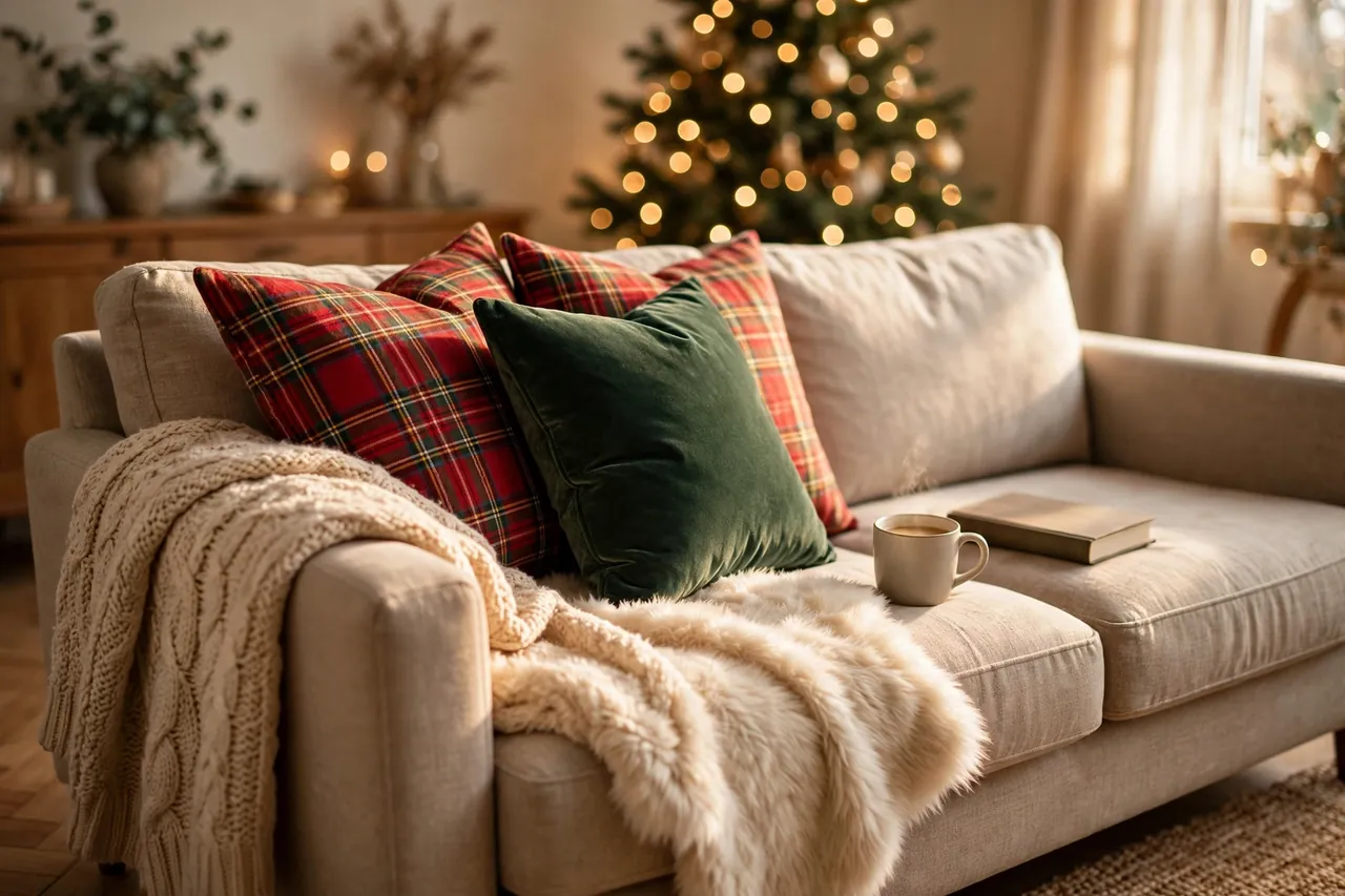 Sofa styled with red plaid and green velvet Christmas pillows, chunky knit throw, and a mug and book on a clear seat