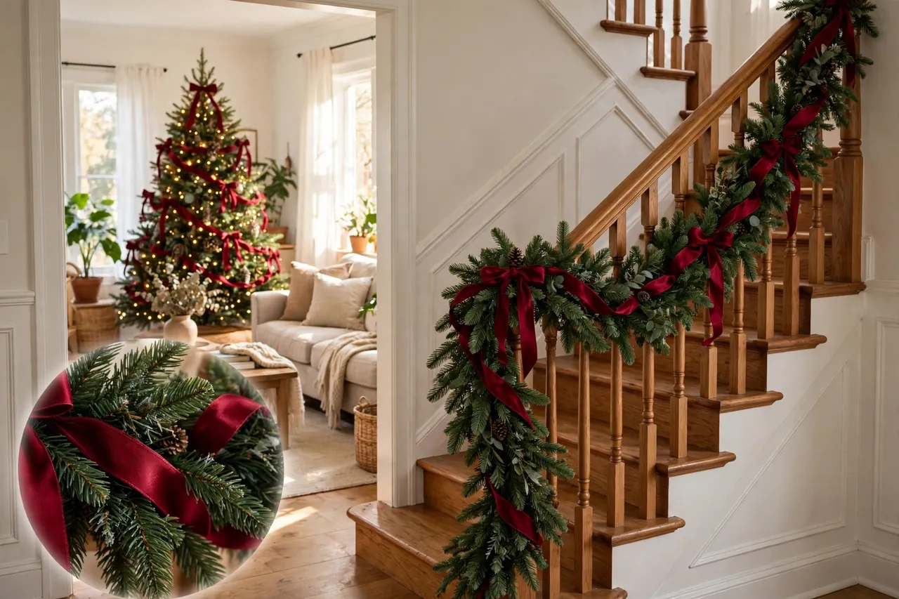 Staircase banister dressed with full evergreen garland and deep red ribbon matching the decorated Christmas tree in the living room