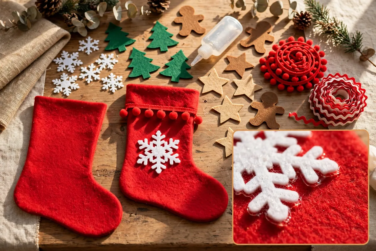 Red felt Christmas stockings on a crafting table with pre-cut felt snowflakes, trees, stars, gingerbread shapes, pom-pom trim and fabric glue, with a close-up inset of a felt snowflake applique