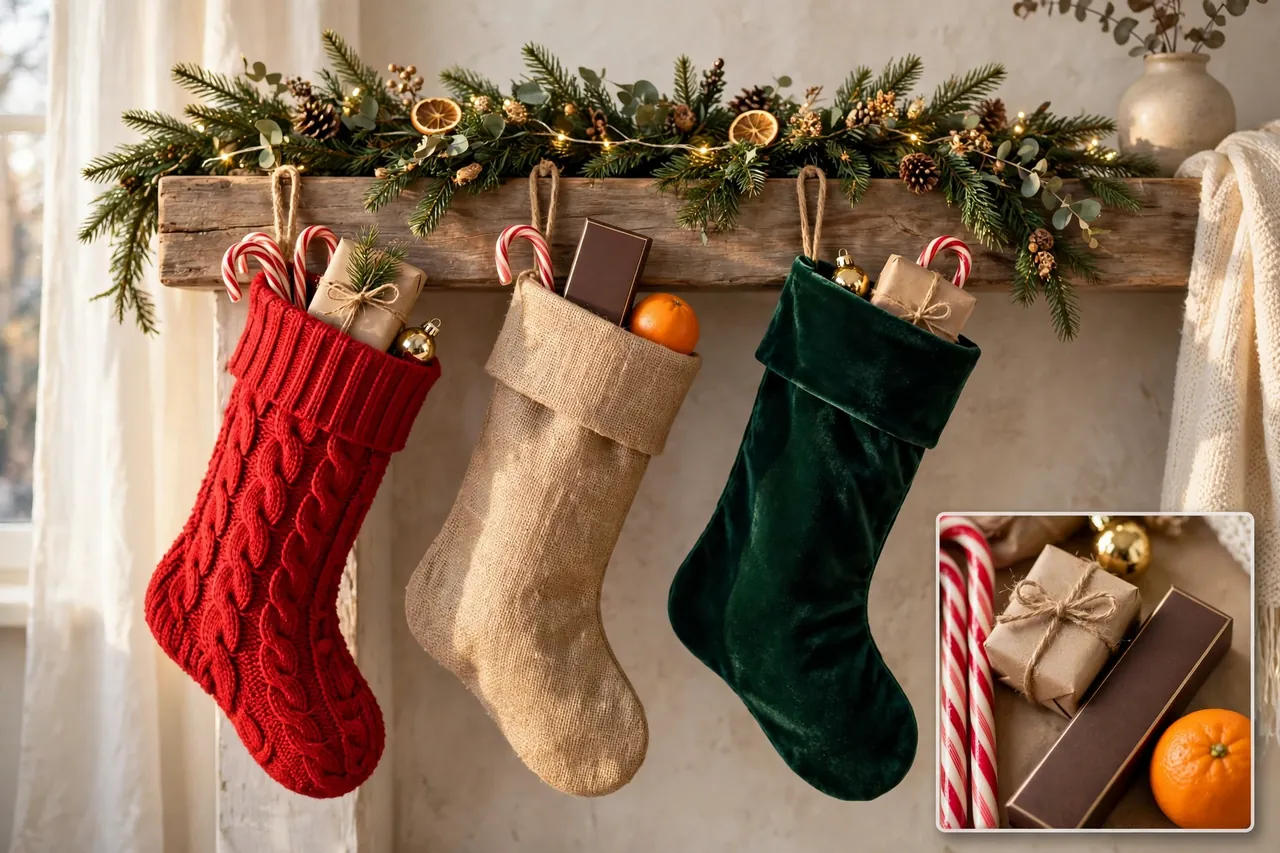 Three filled Christmas stockings in red knit, burlap and green velvet with candy canes, small wrapped gifts, a chocolate box, an orange and ornaments peeking from the cuffs, with a close-up inset of the fillers