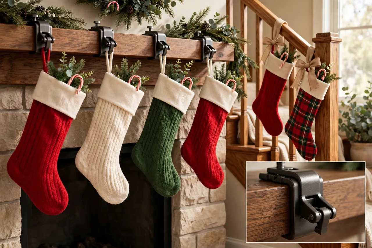 Knit Christmas stockings hung evenly from sturdy clamp-style metal mantel holders with greenery and candy canes in the cuffs, plus stockings tied to a staircase banister, with a close-up inset of a holder gripping the mantel