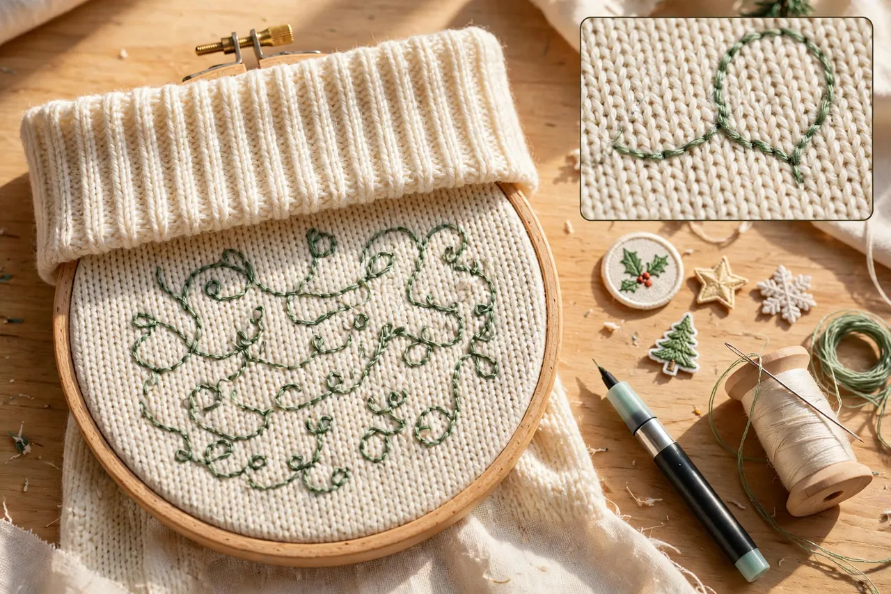 Cream knitted stocking cuff in an embroidery hoop with illegible cursive stitching, patches, thread and a fabric pen on a wooden table, with a close-up inset of the stitch texture