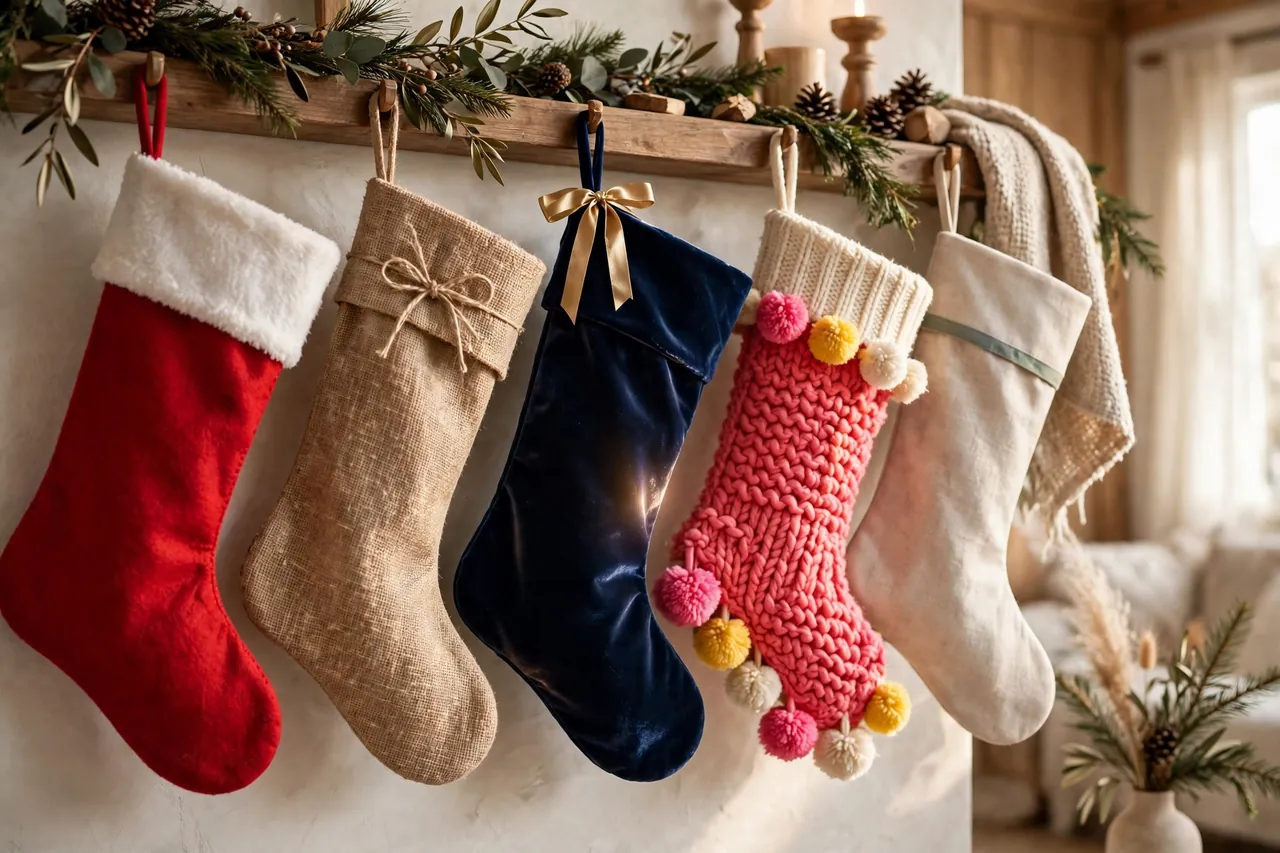 Five Christmas stockings in different styles hanging side by side: classic red felt, rustic burlap, navy velvet with gold ribbon, playful pink knit with pom-poms, and plain modern linen