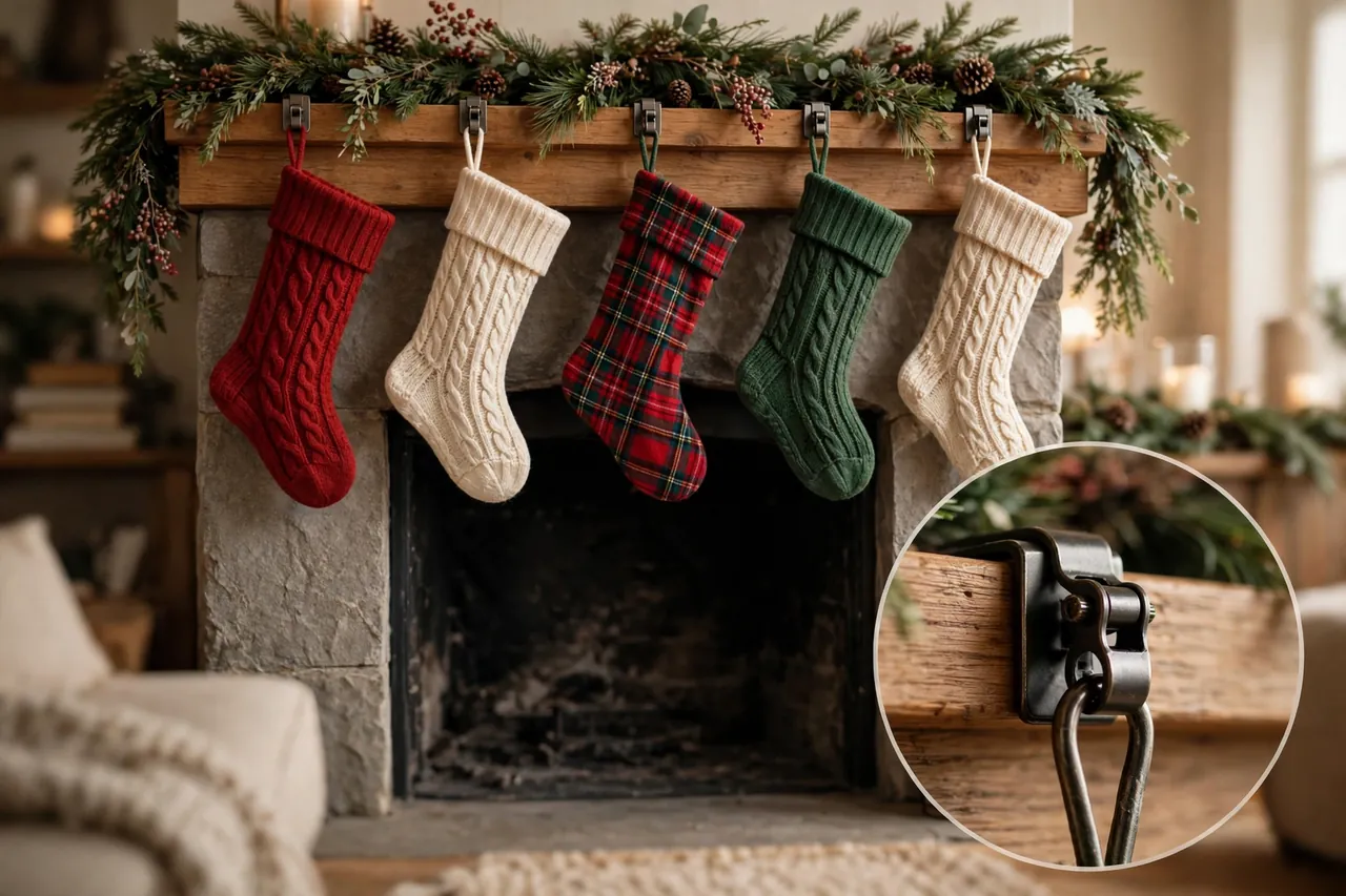 Five knitted Christmas stockings in red, cream, plaid and green hung evenly from sturdy metal holders on a wooden mantel, with a close-up inset of a holder