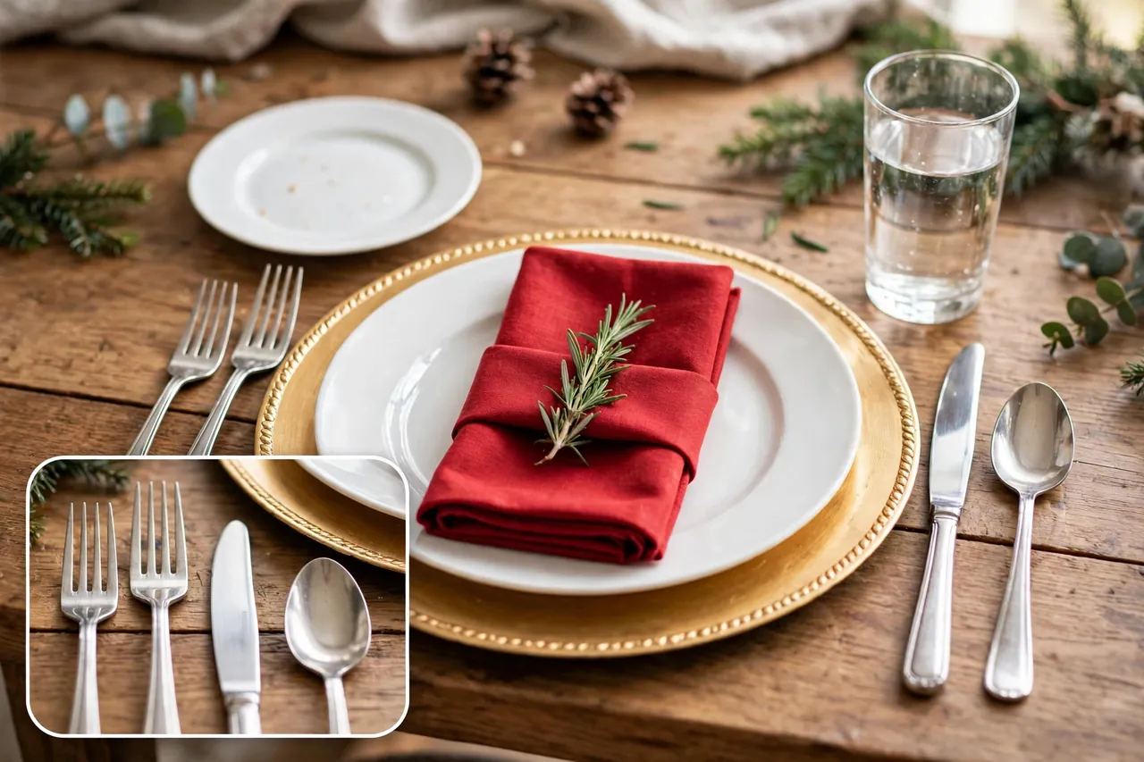 Single Christmas place setting with a gold charger, white plate, red napkin with a rosemary sprig, forks on the left, knife and spoon on the right, bread plate and water glass