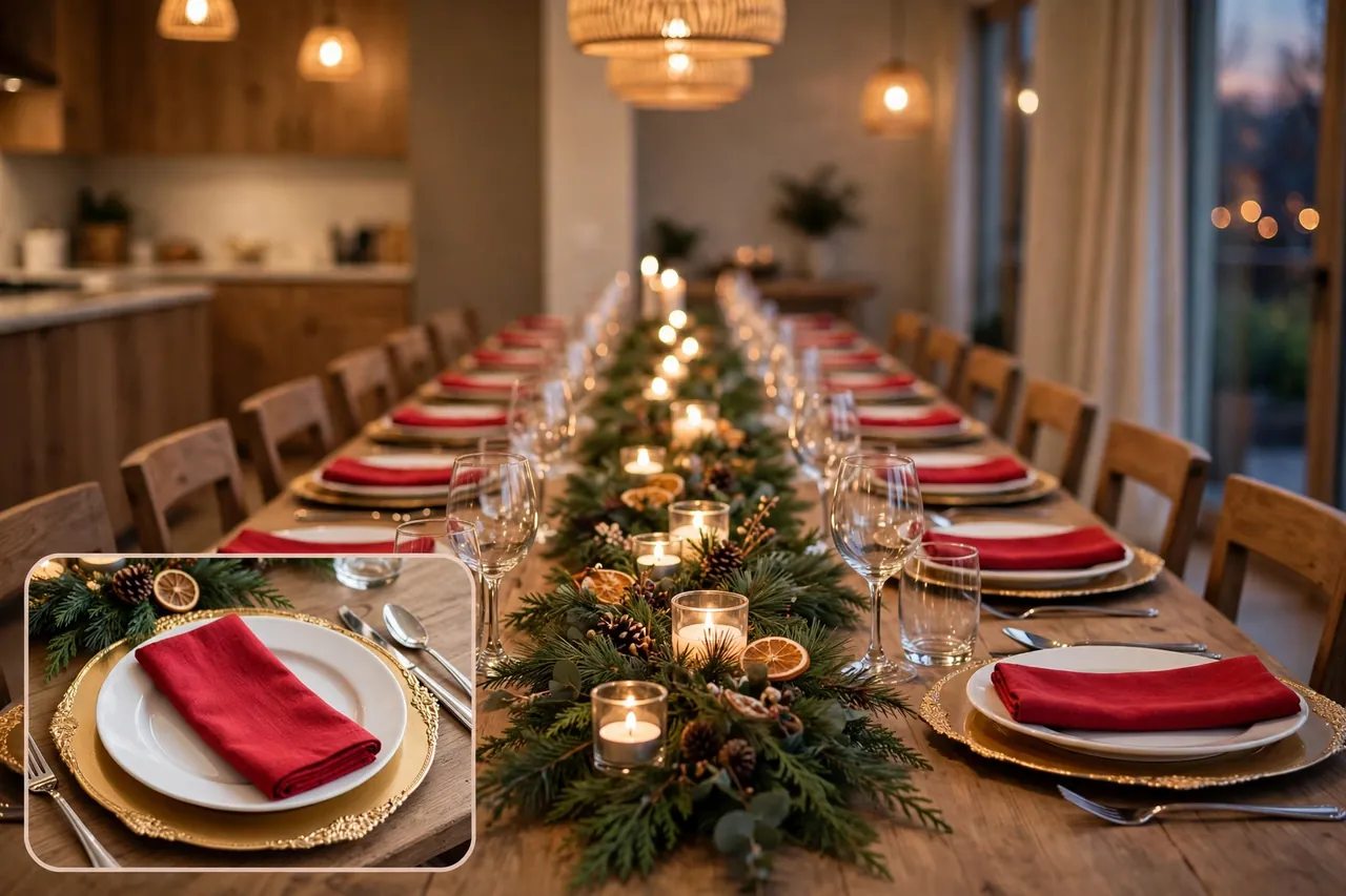 Complete festive Christmas dining table ready for guests, with matching red-napkin place settings on both sides and a low evergreen candle centerpiece