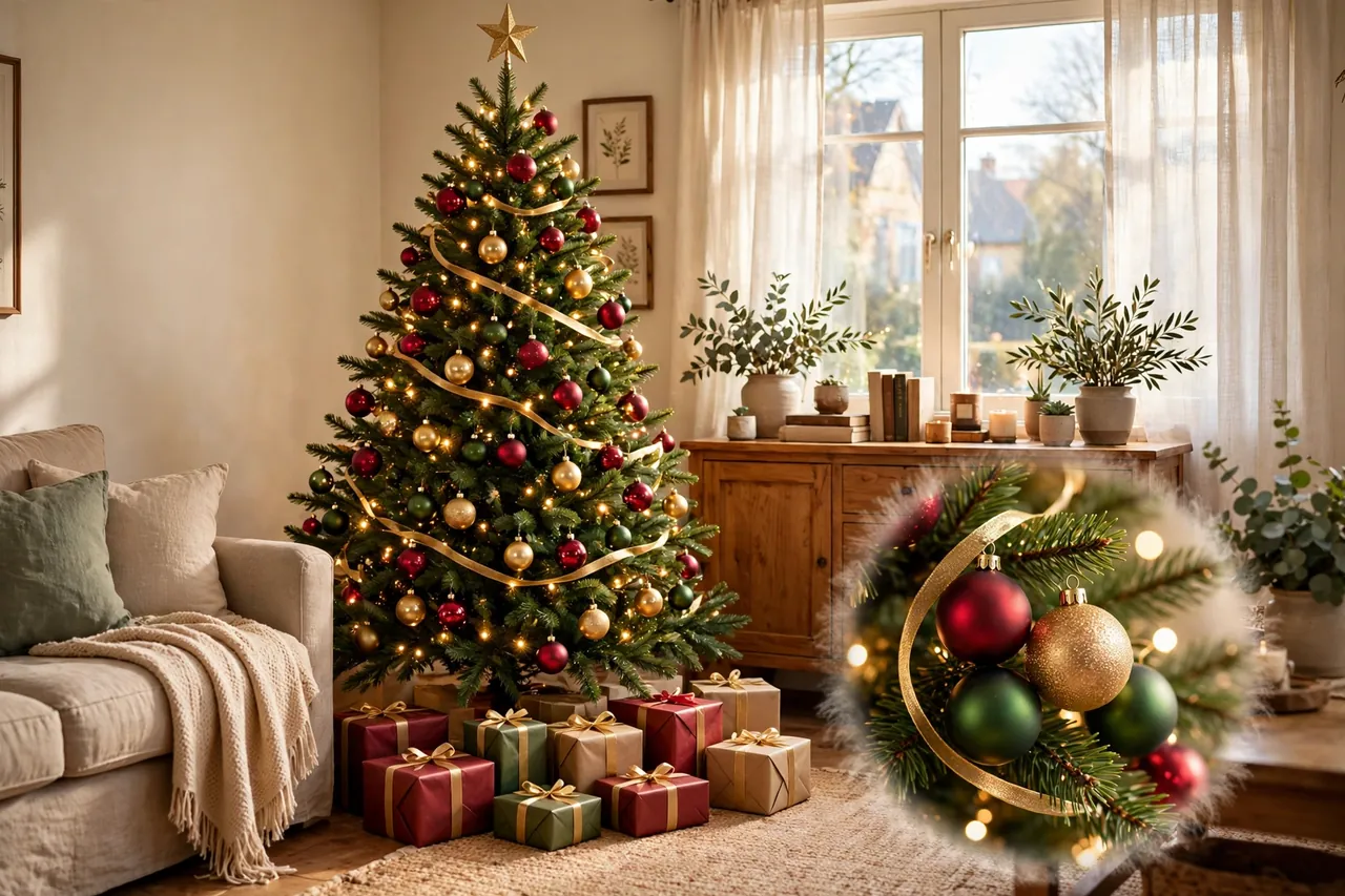 A Christmas tree decorated in red, green and gold only, with a close-up inset of red, green and gold baubles showing a limited color palette
