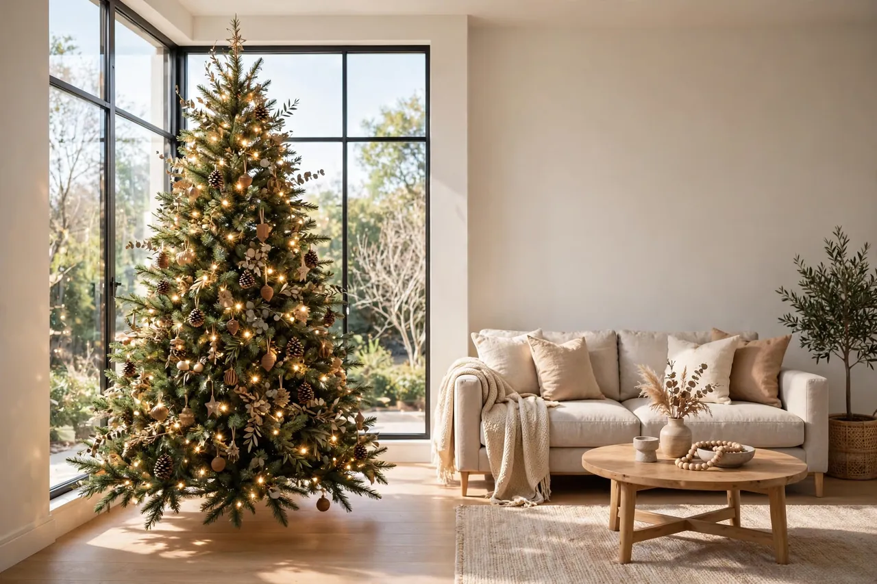 Decorated Christmas tree with warm lights standing in a bright corner by large windows, open floor space in front