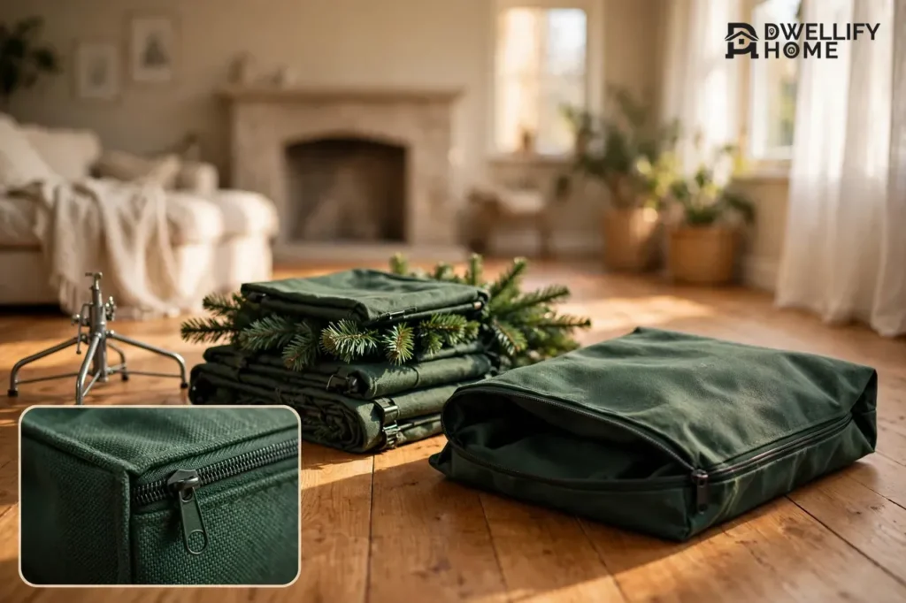 Open green Christmas tree storage bag on a living room floor beside folded artificial tree sections and a metal tree stand, with a close-up inset of the bag's sturdy zipper
