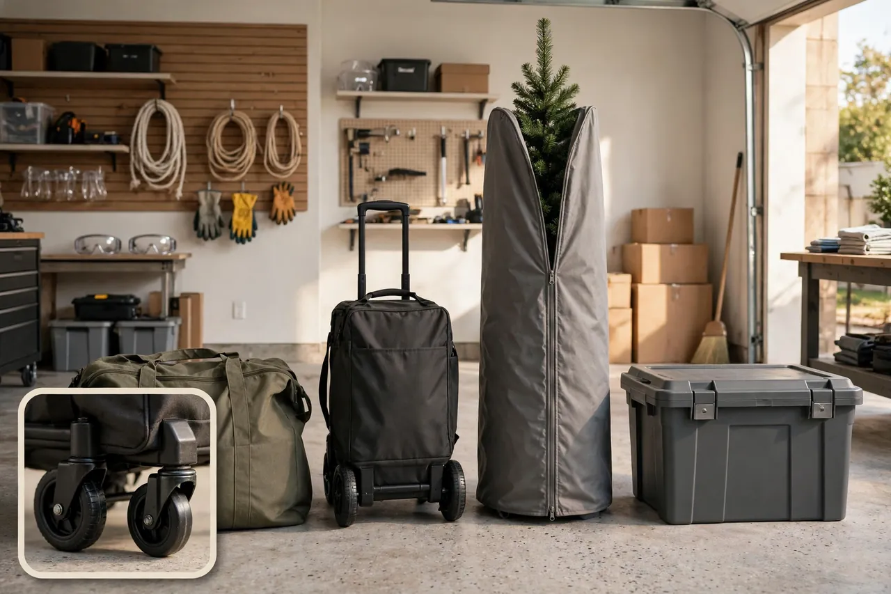 Four Christmas tree storage options in a garage: duffel bag, wheeled rolling bag, upright cover over a standing tree, and rigid plastic box, with a close-up inset of the rolling bag's wheels