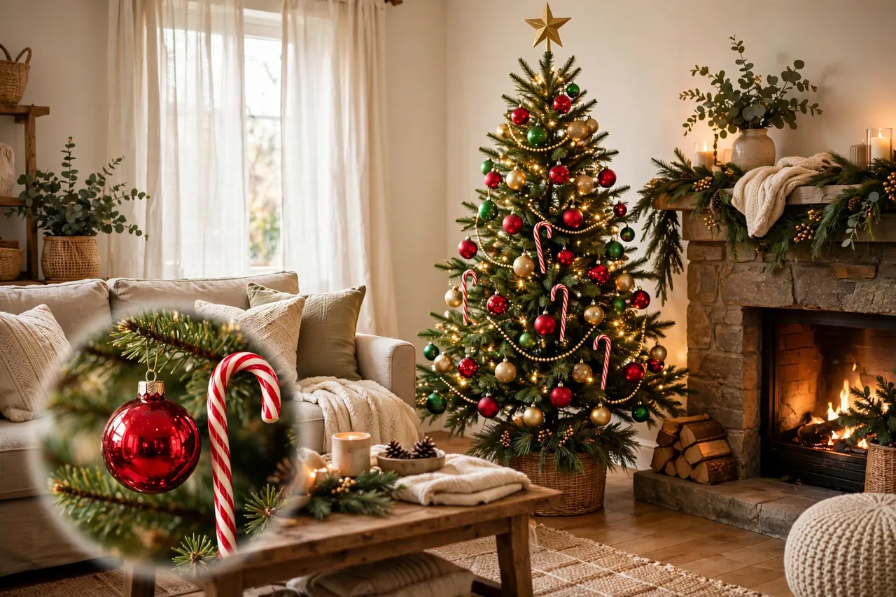 A classic Christmas tree with red and green glass baubles, candy canes, beaded garland and a gold star topper beside a fireplace, with a close-up inset of a red bauble and candy cane