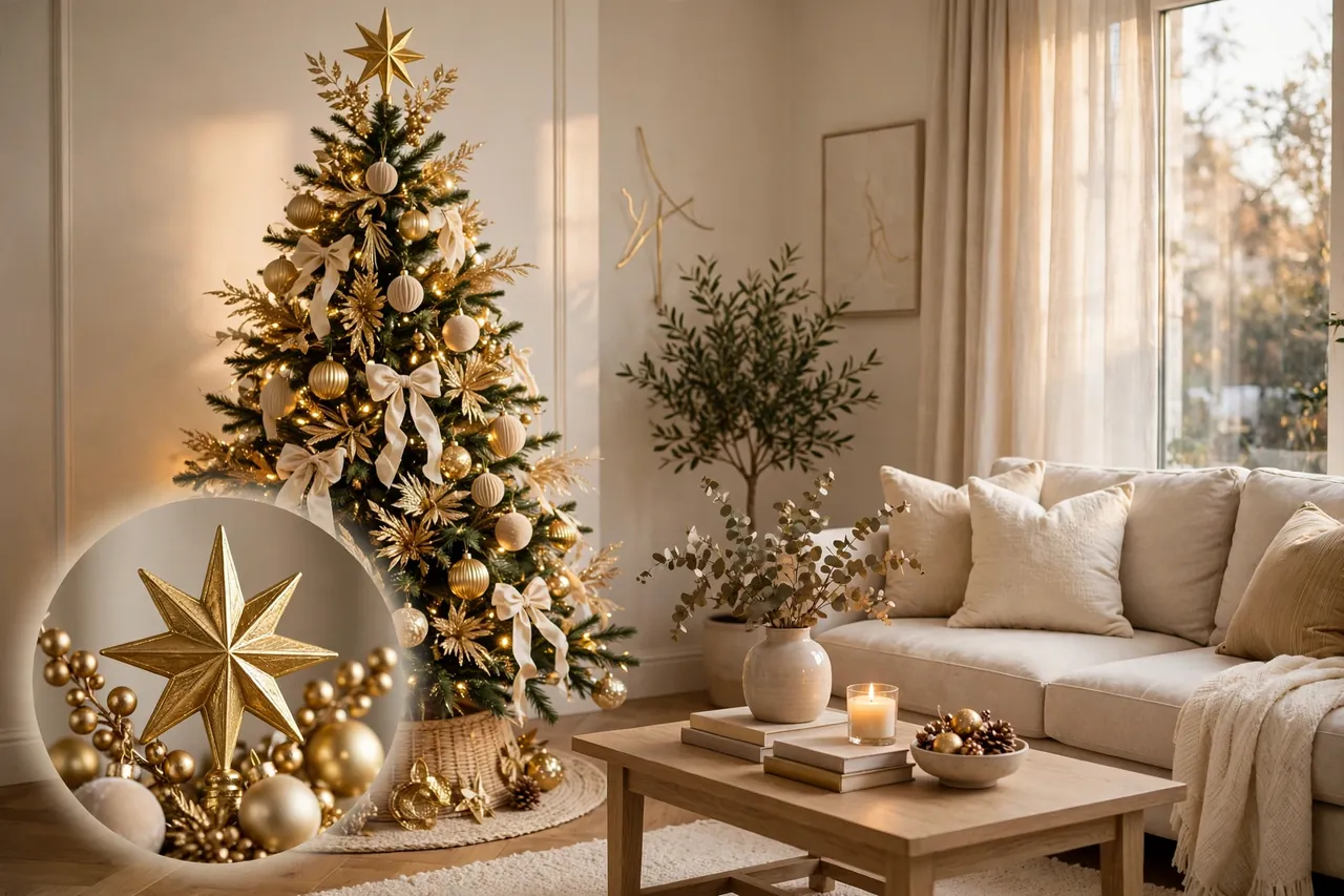 A gold and cream Christmas tree with a gold star topper that matches its ornaments, with a close-up inset of the gold star