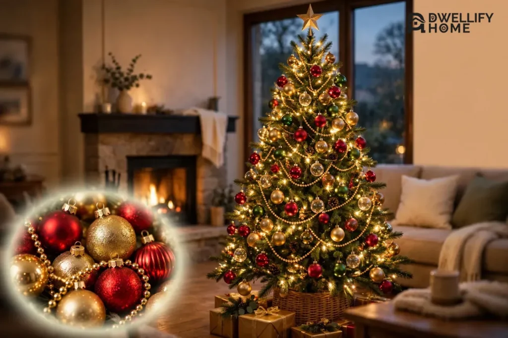 A full Christmas tree in classic red, green and gold with warm white lights and a gold star topper in a cozy living room at dusk, with a close-up inset of red and gold baubles