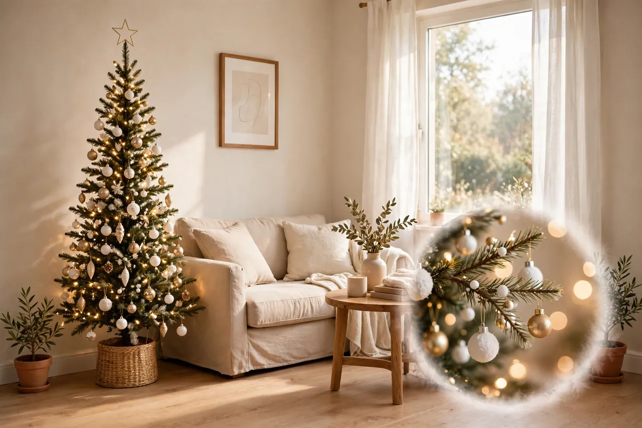 A tall slim Christmas tree in white and gold beside a small sofa in a compact living room, with a close-up inset of white and gold ornaments