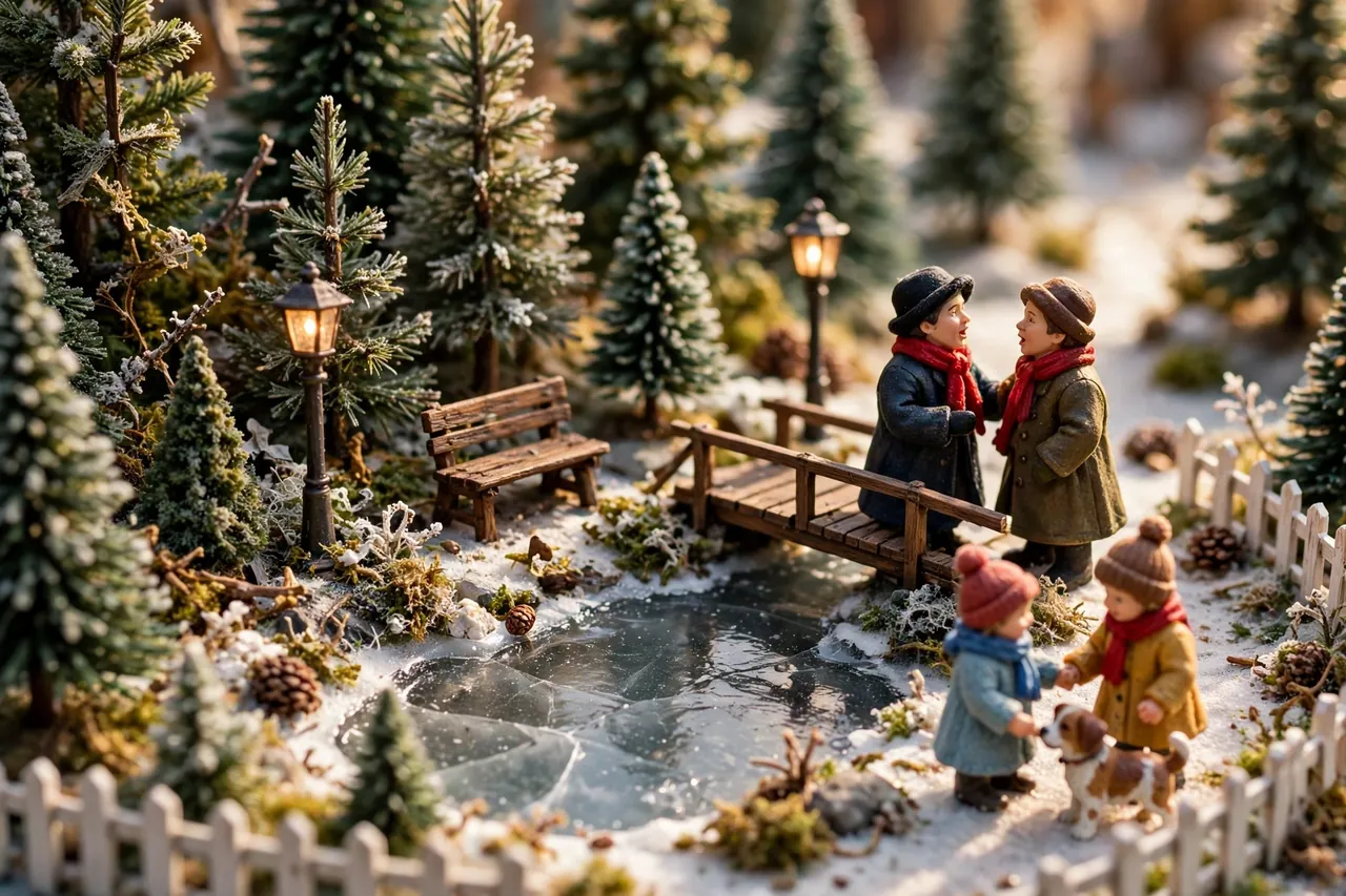 Tiny village figurines on a bridge and children with a dog beside a frozen mirror pond
