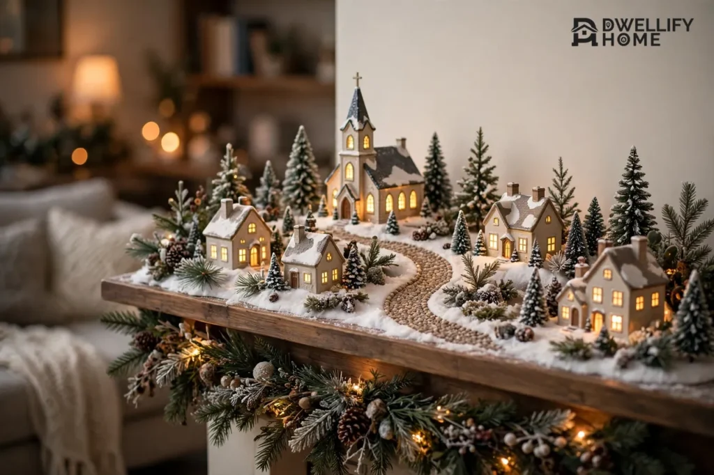 A glowing miniature Christmas village with a church and cottages on a mantel
