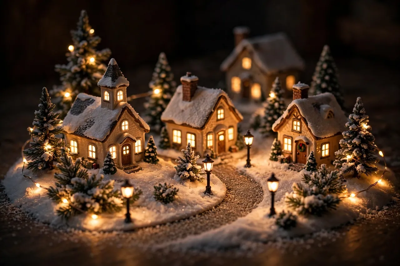 A miniature Christmas village glowing after dark with warm windows, street lamps and fairy lights